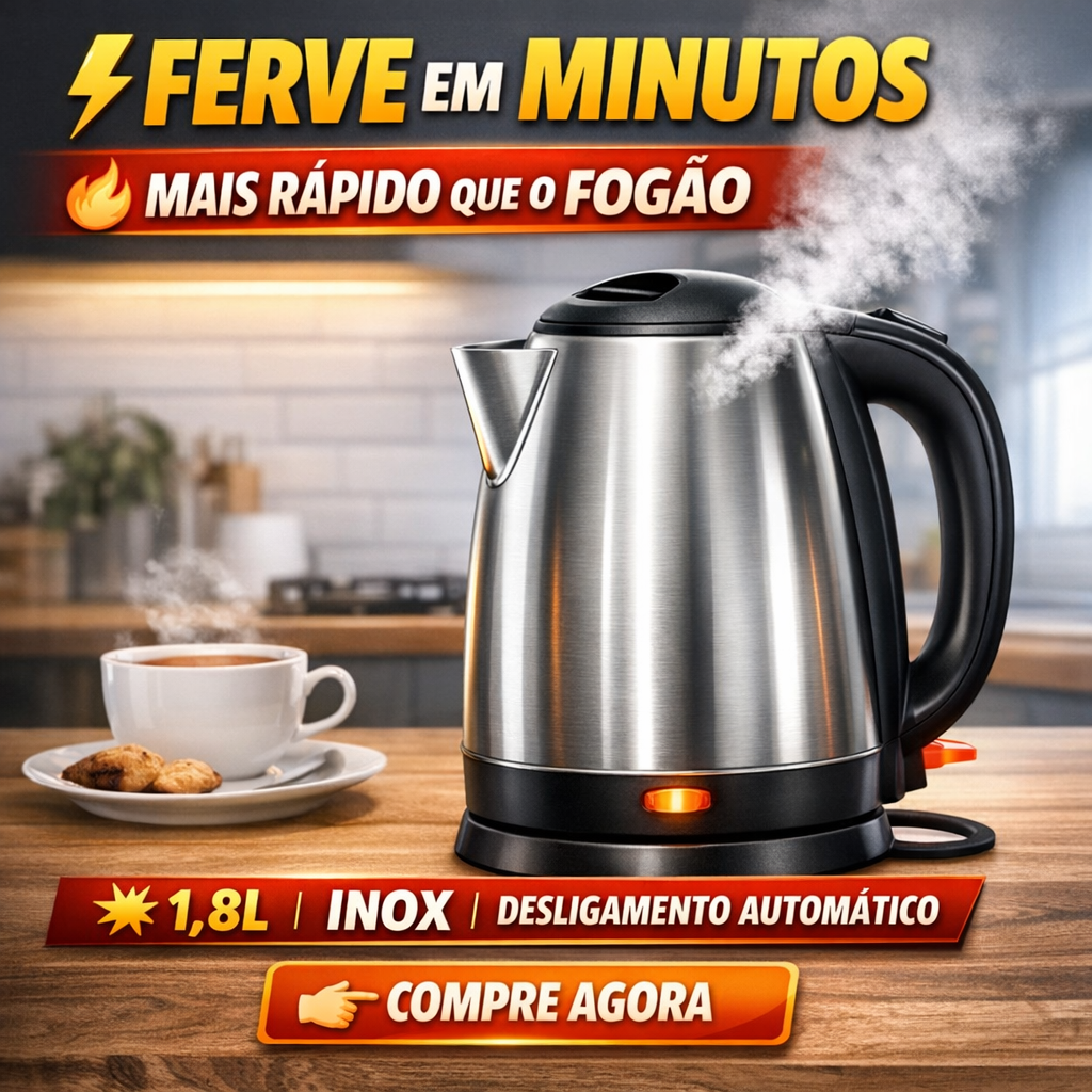 Chaleira Elétrica Inox 1,8L 1800W Desligamento Automático Base 360° Aquecimento Rápido