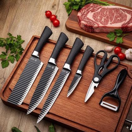 Kit 6 Facas Antiaderente Profissional + Tesoura e Descascador | Ultra Afiadas, Corte Preciso e Cozinha Moderna 🔪
