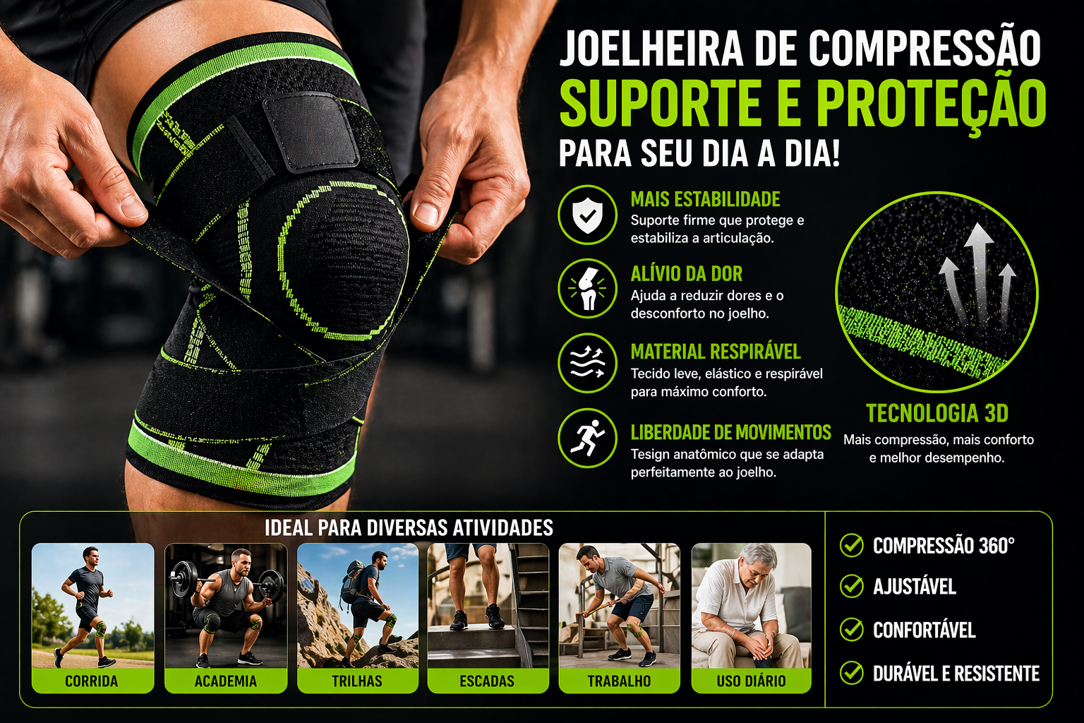 Joelheira Ortopédica Compressão 360° para Dor no Joelho Suporte Esportivo Ajustável